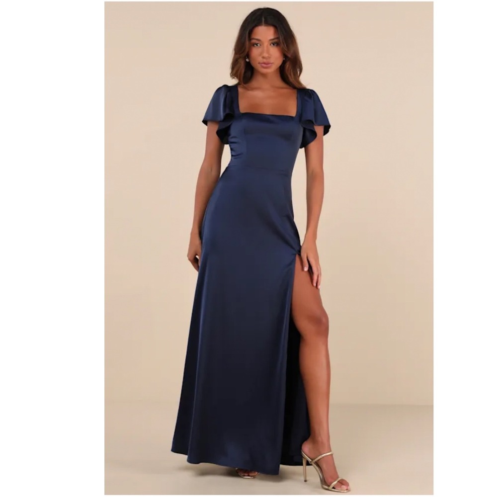 Lulus Ultimate Sweetness Navy Blue Satin Flutter Sleeve Maxi Dress Size Large